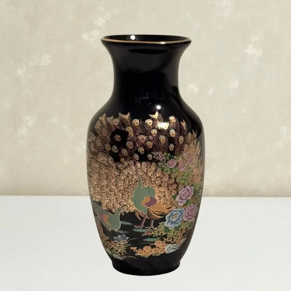 Vintage Japanese Porcelain Peacock Vase Gold Floral Black Hand Painted Japan 5” - Picture 1 of 7